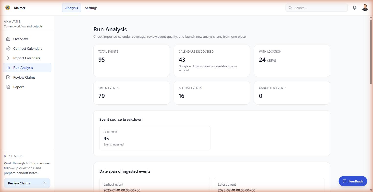 Klaimer Run Analysis dashboard showing calendar scan statistics