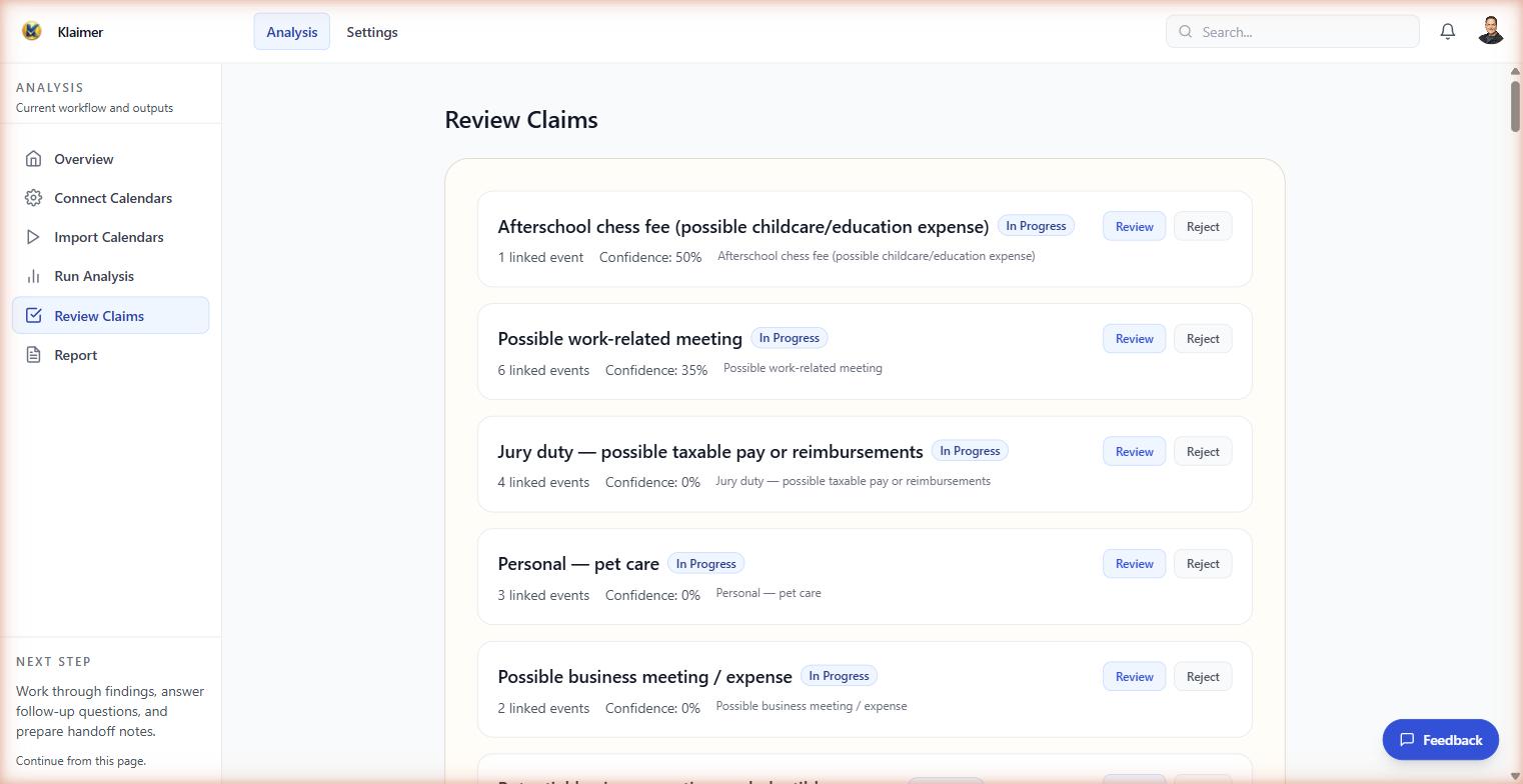 Klaimer Review Claims screen showing surfaced tax deduction categories from calendar events
