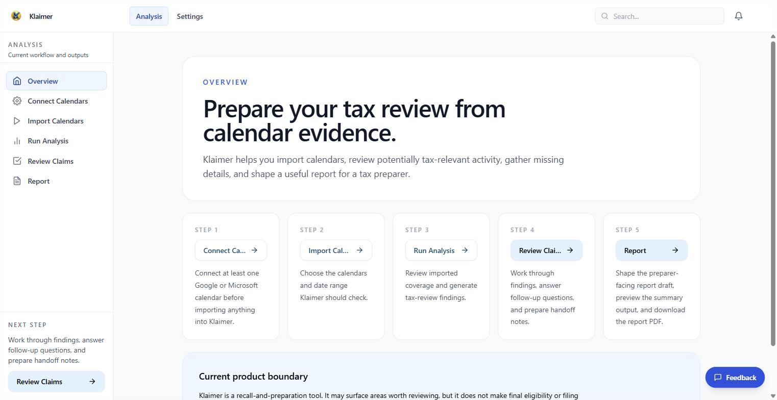 Klaimer Overview page showing the 5-step tax review workflow